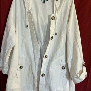 For Cynthia Woman 3X Linen Cotton Hooded Button Jacket White Roll Tab Casual